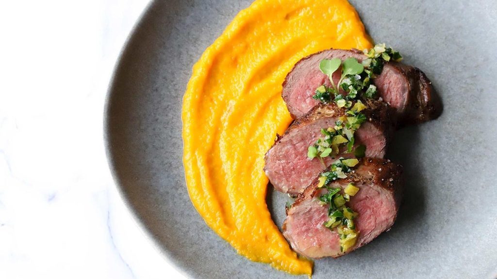 Gemarineerde filet pur en pompoenpuree