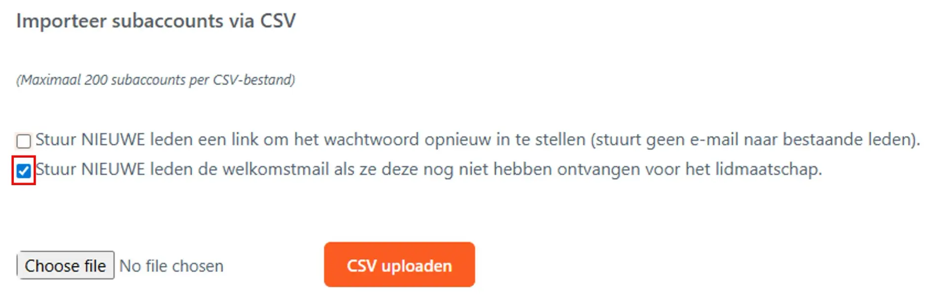 Importeer subaccounts via CSV met vinkje